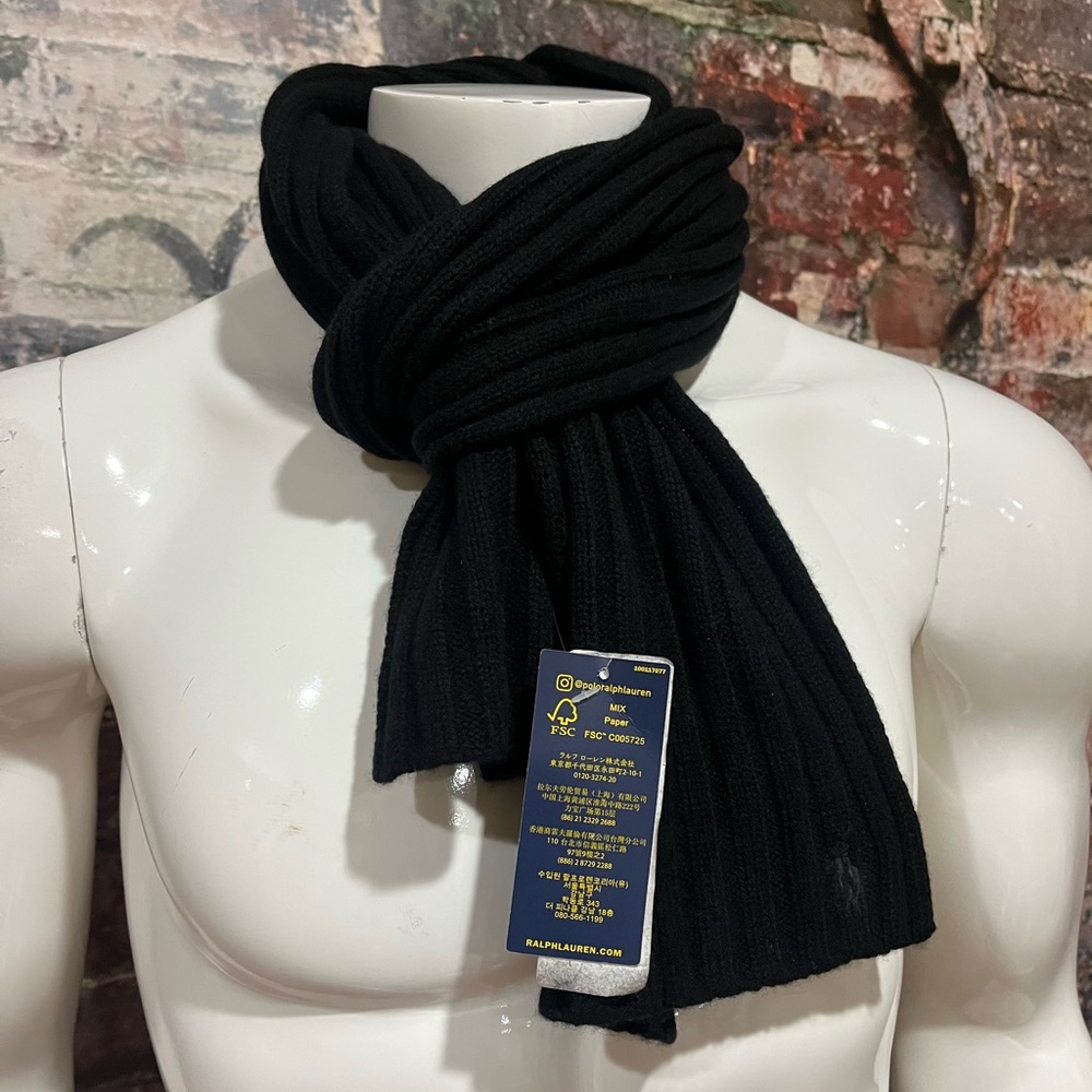 NEW $79 Polo Ralph Lauren Ribbed Scarf!  Black With Black Polo Horse  Wool - Picture 2 of 4